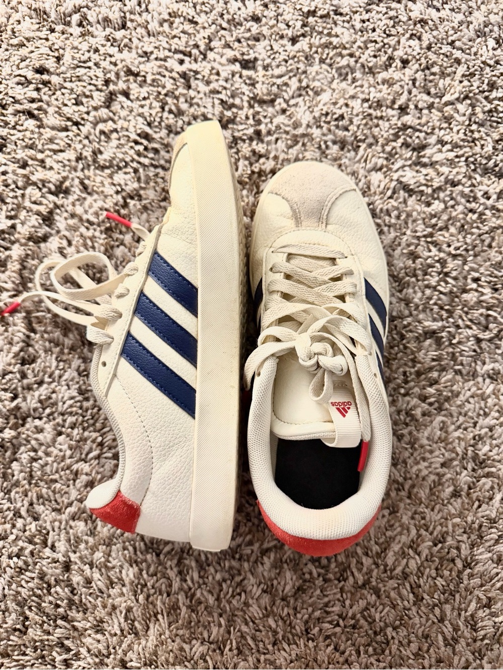 adidas Cream Sneakers with Blue Stripes and Red Heel